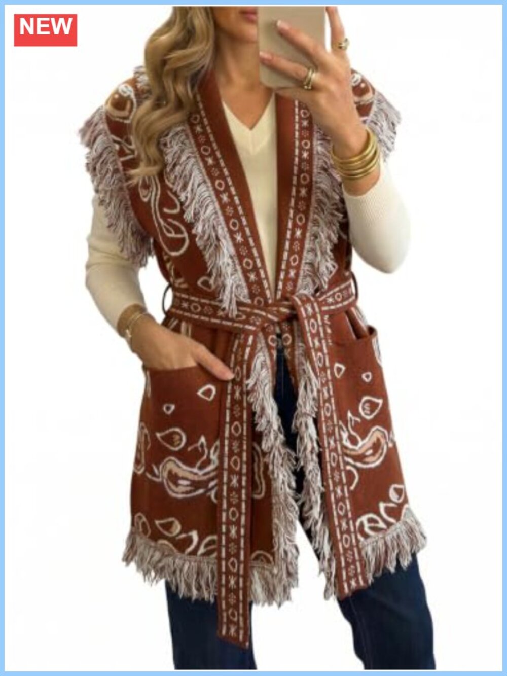Sleeveless Long Cardigan Fringe Shawl Collar Boho Paisley Wrap Belted Knit Vest